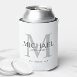 Minimalist White Personalized Groomsmen Can Cooler<br><div class="desc">Add a personal touch to your wedding with personalized groomsmen can cooler. This can cooler features personalized groomsman's name with title and wedding date in grey and monogram in light grey as background, in classic serif font style, on white background. Also perfect for best man, father of the bride, ring...</div>