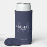 Minimalist White Personalized Groomsmen Can Cooler<br><div class="desc">Add a personal touch to your wedding with personalized groomsmen can cooler. This can cooler features personalized groomsman's name with title and wedding date in white and monogram in light navy blue as background, in classic serif font style, on navy blue background. Also perfect for best man, father of the...</div>