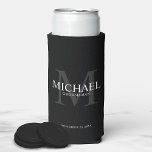 Minimalist White Personalized Groomsmen Can Cooler<br><div class="desc">Add a personal touch to your wedding with personalized groomsmen can cooler. This can cooler features personalized groomsman's name with title and wedding date in white and monogram in grey as background, in classic serif font style, on black background. Also perfect for best man, father of the bride, ring bearer...</div>