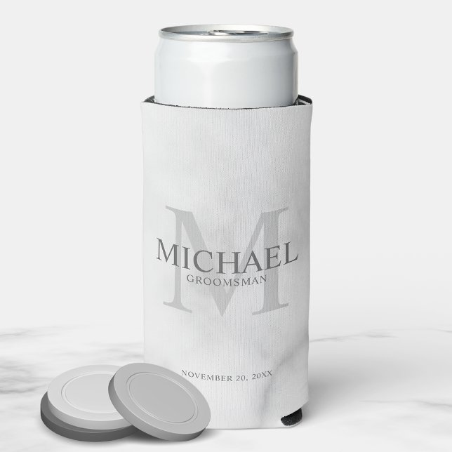 Minimalist White Personalized Groomsmen Can Cooler (Creator Uploaded)