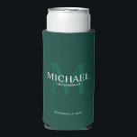 Minimalist White Personalized Groomsmen Can Cooler<br><div class="desc">Add a personal touch to your wedding with personalized groomsmen can cooler. This can cooler features personalized groomsman's name with title and wedding date in white and monogram in light emerald green as background, in classic serif font style, on emerald green background. Also perfect for best man, father of the...</div>