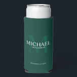 Minimalist White Personalized Groomsmen Can Cooler<br><div class="desc">Add a personal touch to your wedding with personalized groomsmen can cooler. This can cooler features personalized groomsman's name with title and wedding date in white and monogram in light emerald green as background, in classic serif font style, on emerald green background. Also perfect for best man, father of the...</div>