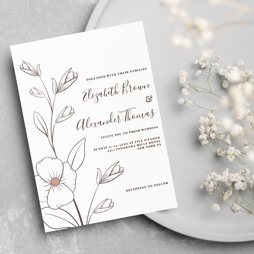 Minimalist white pink brown flowers sketch wedding invitation