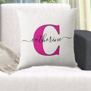 Minimalist White Pink Monogram Name Stylish Script Throw Pillow