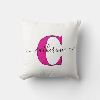 Minimalist White Pink Monogram Name Stylish Script Throw Pillow
