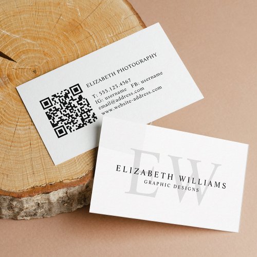 Minimalist White Professional 2 Monogram QR Code Business Card