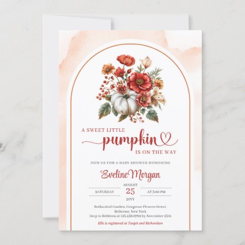 Minimalist white pumpkin red burgundy flowers invitation