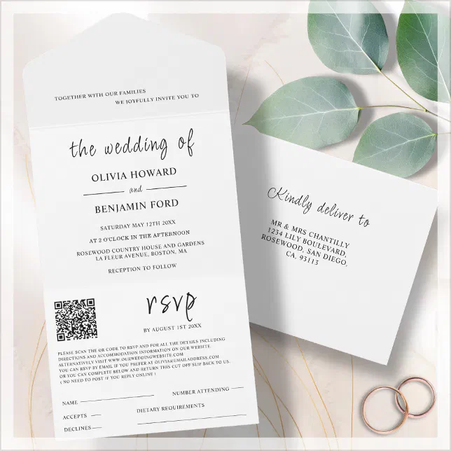 Minimalist White QR Code All In One Invitation | Zazzle