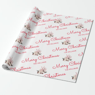 Minimalist White Red Merry Christmas Family Name W Wrapping Paper