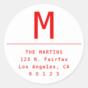 Minimalist White & Red Return Address Classic Round Sticker
