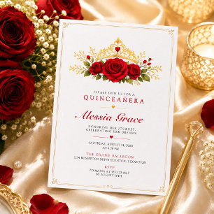 Minimalist White Red Rose Quinceañera Invitation