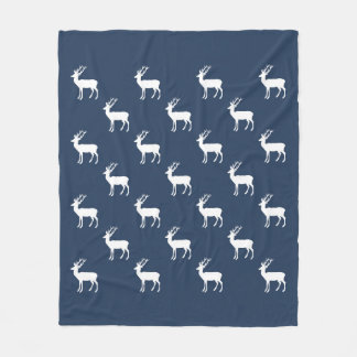 Minimalist white reindeer pattern on blue fleece blanket