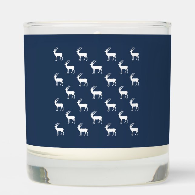 Minimalist white reindeer pattern on blue scented candle (Front)