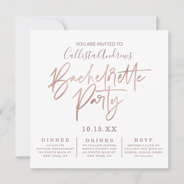 Minimalist White Rose Gold Typography Bachelorette Invitation (Front)