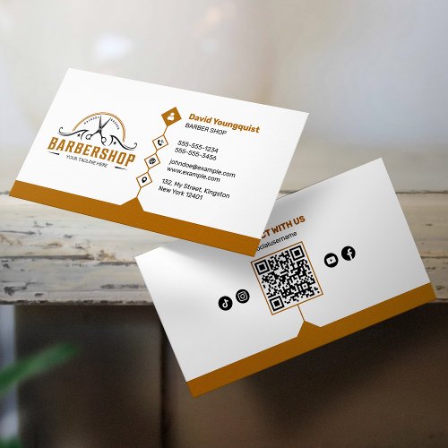 Minimalist White  Rusty Brown Barber Shop QR Code Business Card