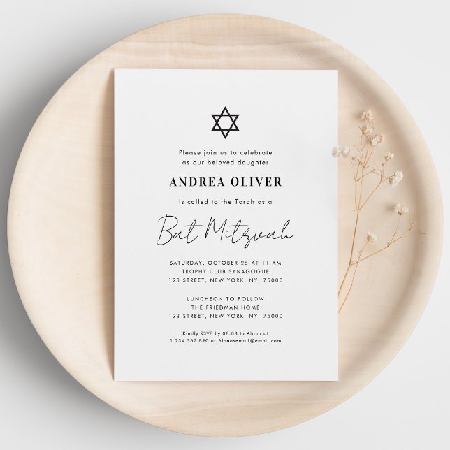 Minimalist White Script Modern Simple Bat Mitzvah  Invitation (Creator Uploaded)