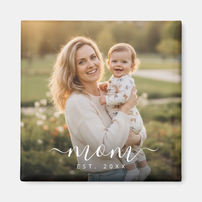 Minimalist White Script Mom Est Year Magnet (Front)