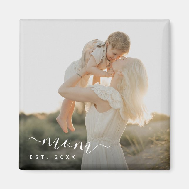 Minimalist White Script Mom Est Year Magnet (Front)