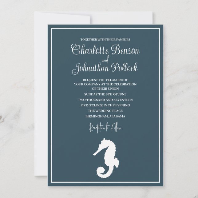 Minimalist White Seahorse Beach Wedding Invitation (Front)