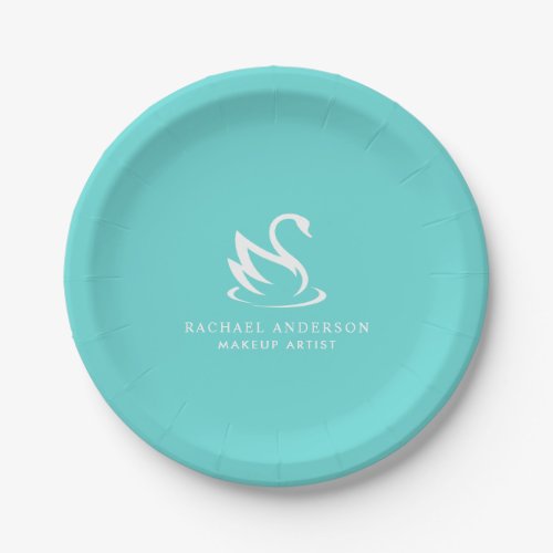 Minimalist White Swan Logo on Robin Egg Blue Paper Plates