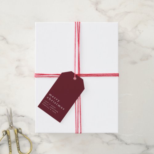 Minimalist White Text Merry Christmas Burgundy Gift Tags