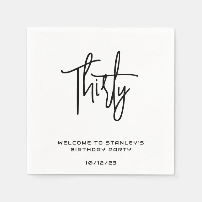 Minimalist White Thirty Birthday Party Napkins (Front)
