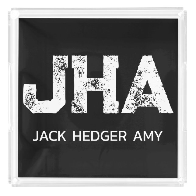 MINIMALIST WHITE THREE LETTER MONOGRAM NAME BLACK ACRYLIC TRAY (Front)