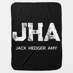 MINIMALIST WHITE THREE LETTER MONOGRAM NAME BLACK BABY BLANKET