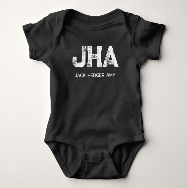 MINIMALIST WHITE THREE LETTER MONOGRAM NAME BLACK BABY BODYSUIT (Front)