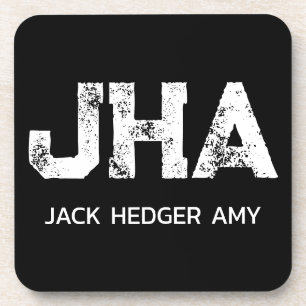 MINIMALIST WHITE THREE LETTER MONOGRAM NAME BLACK BEVERAGE COASTER