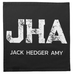 MINIMALIST WHITE THREE LETTER MONOGRAM NAME BLACK CLOTH NAPKIN
