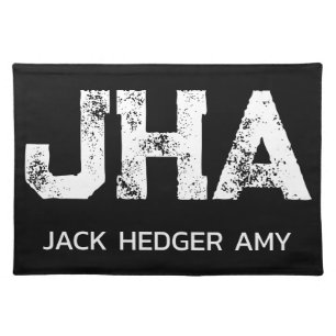 MINIMALIST WHITE THREE LETTER MONOGRAM NAME BLACK CLOTH PLACEMAT