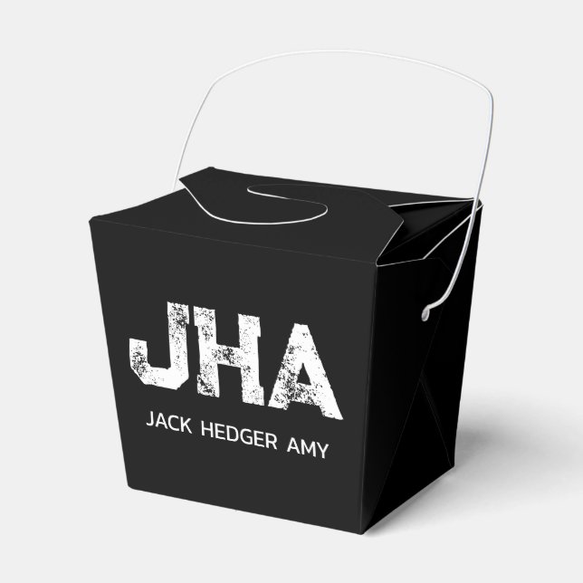 MINIMALIST WHITE THREE LETTER MONOGRAM NAME BLACK  FAVOR BOXES (Front Side)
