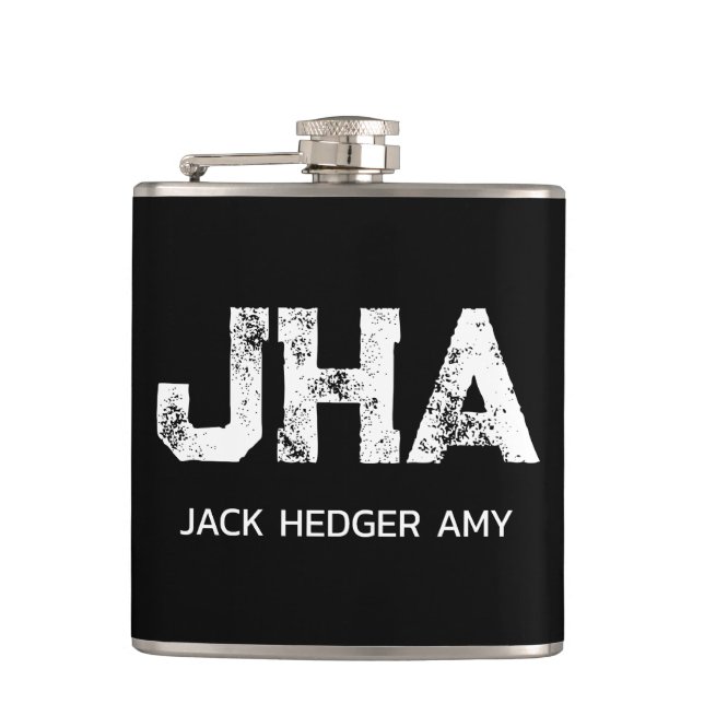 MINIMALIST WHITE THREE LETTER MONOGRAM NAME BLACK FLASK (Front)