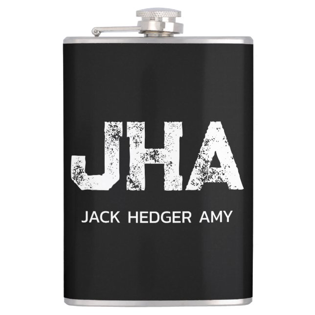 MINIMALIST WHITE THREE LETTER MONOGRAM NAME BLACK FLASK (Front)