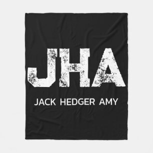 MINIMALIST WHITE THREE LETTER MONOGRAM NAME BLACK FLEECE BLANKET