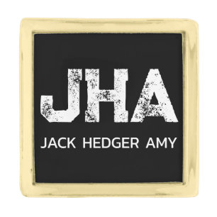 MINIMALIST WHITE THREE LETTER MONOGRAM NAME BLACK  GOLD FINISH LAPEL PIN