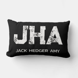 MINIMALIST WHITE THREE LETTER MONOGRAM NAME BLACK LUMBAR PILLOW