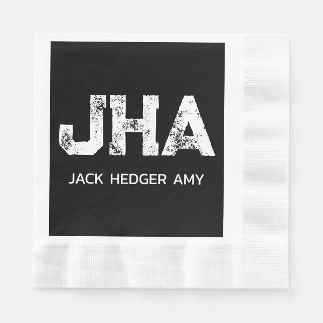 MINIMALIST WHITE THREE LETTER MONOGRAM NAME BLACK NAPKINS (Front)