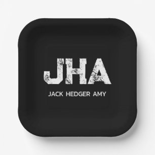 MINIMALIST WHITE THREE LETTER MONOGRAM NAME BLACK PAPER PLATES