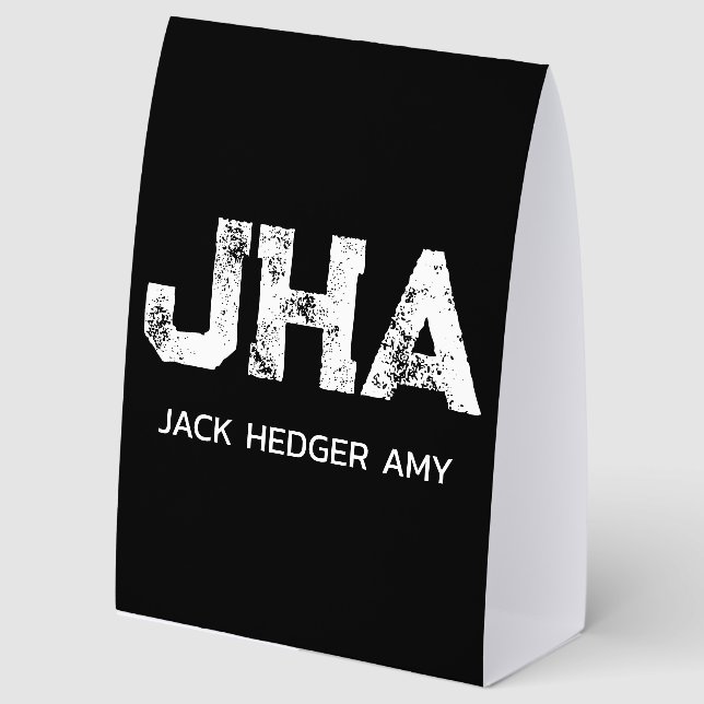 MINIMALIST WHITE THREE LETTER MONOGRAM NAME BLACK  PAPER TABLE TENT  (Front)
