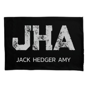 MINIMALIST WHITE THREE LETTER MONOGRAM NAME BLACK  PILLOW CASE