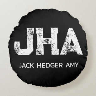 MINIMALIST WHITE THREE LETTER MONOGRAM NAME BLACK ROUND PILLOW