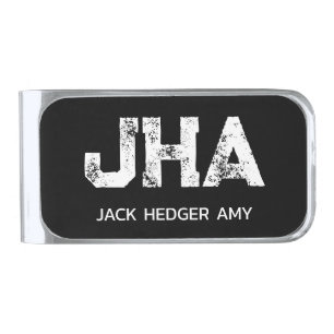 MINIMALIST WHITE THREE LETTER MONOGRAM NAME BLACK SILVER FINISH MONEY CLIP