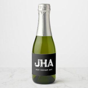 MINIMALIST WHITE THREE LETTER MONOGRAM NAME BLACK SPARKLING WINE LABEL