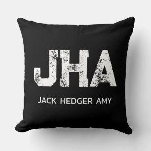 MINIMALIST WHITE THREE LETTER MONOGRAM NAME BLACK THROW PILLOW