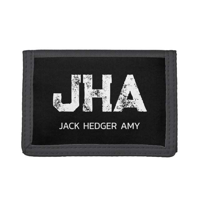 MINIMALIST WHITE THREE LETTER MONOGRAM NAME BLACK TRIFOLD WALLET (Front)