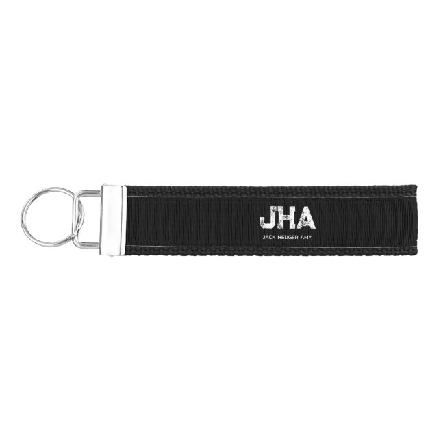 MINIMALIST WHITE THREE LETTER MONOGRAM NAME BLACK WRIST KEYCHAIN (Keys on Left)