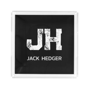 MINIMALIST WHITE TWO LETTER MONOGRAM NAME BLACK ACRYLIC TRAY