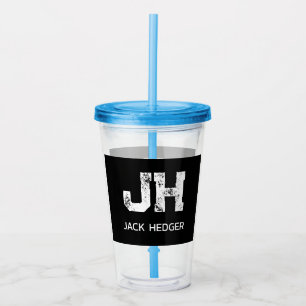 MINIMALIST WHITE TWO LETTER MONOGRAM NAME BLACK ACRYLIC TUMBLER